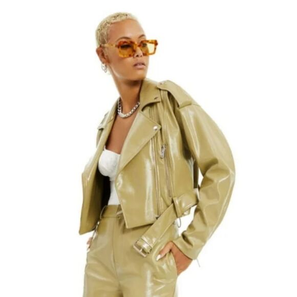 Danielle Bernstein Green Faux Leather Motorcycle Jacket XS NWT - Picture 4 of 8